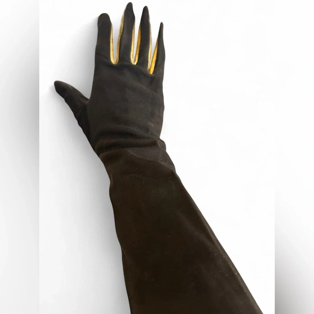 FREDDY PARIS VINTAGE LONG GLOVES BROWN SUEDE W GOLD LEATHER FINGER ACCENTS RARE